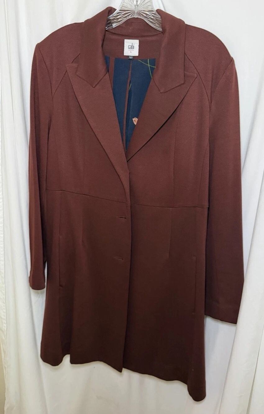CAbi sz L Fall Boss Jacket ponte knit buttons stretchy burgundy brown 3495